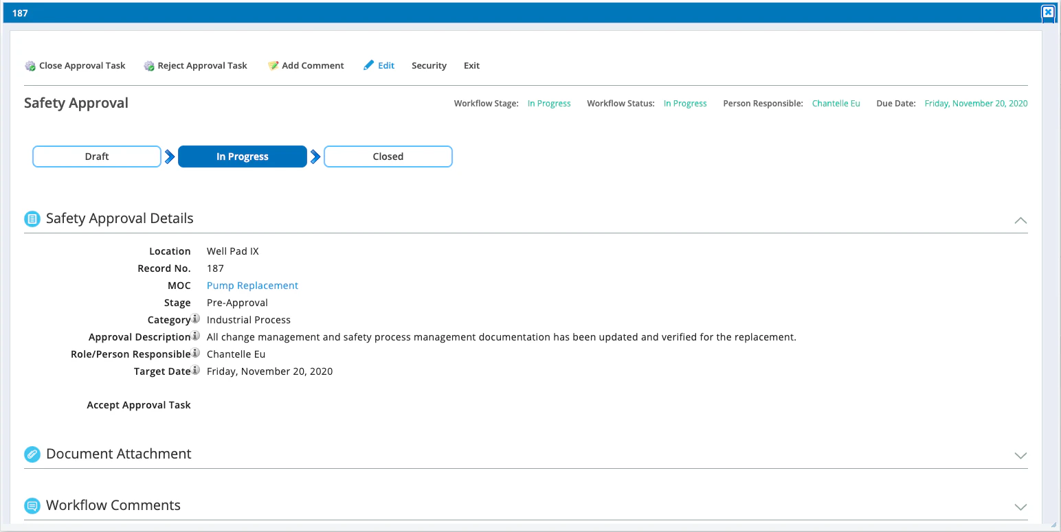 screenshot of Management of Change